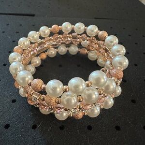 Pearl and Rose Gold Coil Bracelet - Women Jewelry